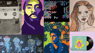 Collage of seven paintings. Top row from left to right: a bus, Kobe Bryant, a silhouette, and a woman. Bottom row: jellyfish, a man, and a record disk.