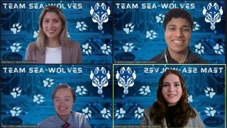 A headshot of four members of the Seton Hall Sea-Wolves in a Teams Meeting