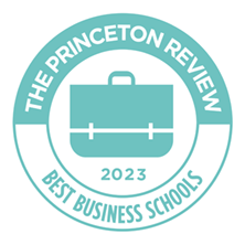 Image of a button- The Princeton Review-2023 Best Business Schools with a carton briefcase. 