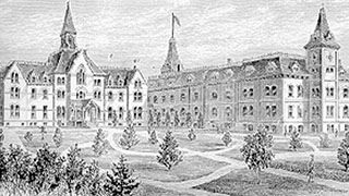 1869. Rear view of the seminary on the left and the college building on the right. – AAN