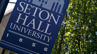 A Seton Hall University sign displayed on campus. 
