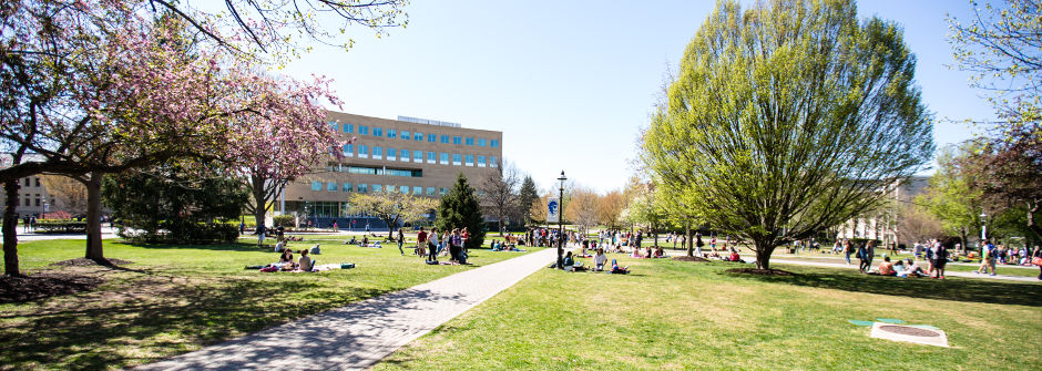 Campus shot of the University Green. 