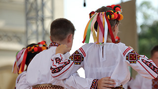 A group of traditional Slavic dancers.