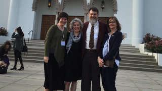 Image of Danute Nourse giving a speech.Annual Faculty Summer Seminar 2018, Seton Hall University, Faculty participants with Fr. Lawrence Frizzell, Guest Speaker. Danute Nourse with faculty on trip