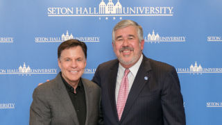 Bob Ley, one of the original ESPN “SportsCenter” anchors who enjoyed a forty-year career at the sports network before retiring last year, in the old WSOU studios at Seton Hall University. Ley started his broadcasting career at the campus radio station, whWSOU and Seton Hall University alumnus Bob Ley (right) with broadcaster and sports journalist Bob Costas during an appearance at Seton Hall on November 11, 2019. (Photo Credit: Seton Hall University)