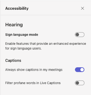 Accessibility settings menu in Microsoft Teams