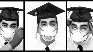 Three photos of student Andrew Cates separated by black vertical lines.