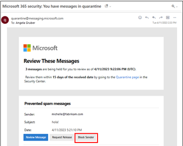 Microsoft quarantine interface with a red box around the block sender button
