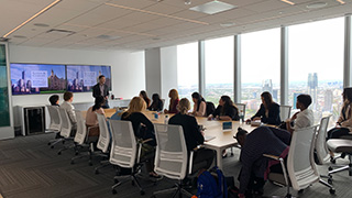 Career Center Visit to Sloane & Company PR Firm - Presentation 320x180 Photo of students learning about Sloane & Company, a New York-based PR firm, at a Career Center site visit presentation by employees.