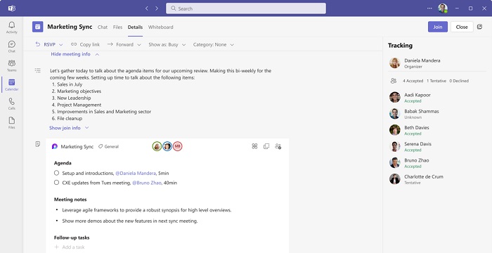 Microsoft Teams 1:1 Chat interface with the schedule send suggestion alert.Microsoft Teams New File App InterfaceMicrosoft Teams video conferencing interface displaying the Speaker View option.Microsoft Teams Meeting Interface with the Recap DisplayMicrosoft Teams meeting interface with the collaborative meeting notes panel displayed.Collaborative notes displayed on the details tab of a Teams calendar event.