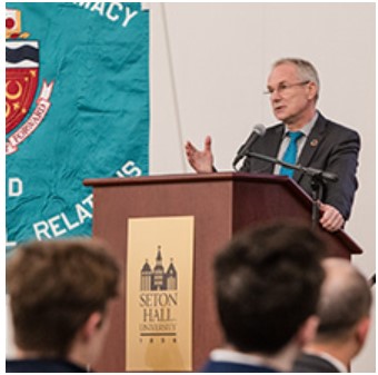 Photo of Csaba Kőrösi, President of the 77th United Nations General Assembly, at the World Leaders Forum speaker series.