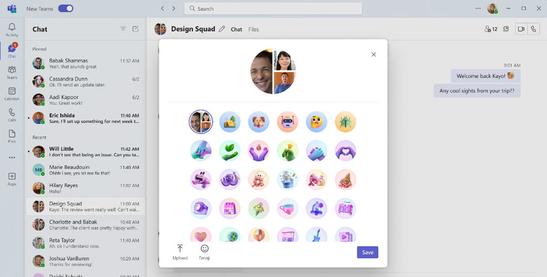 Microsoft Teams interface with a custom avatar selection panel.