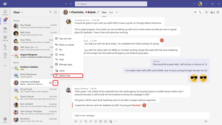 Image of the Delete Chat button in Microsoft Teams Desktop