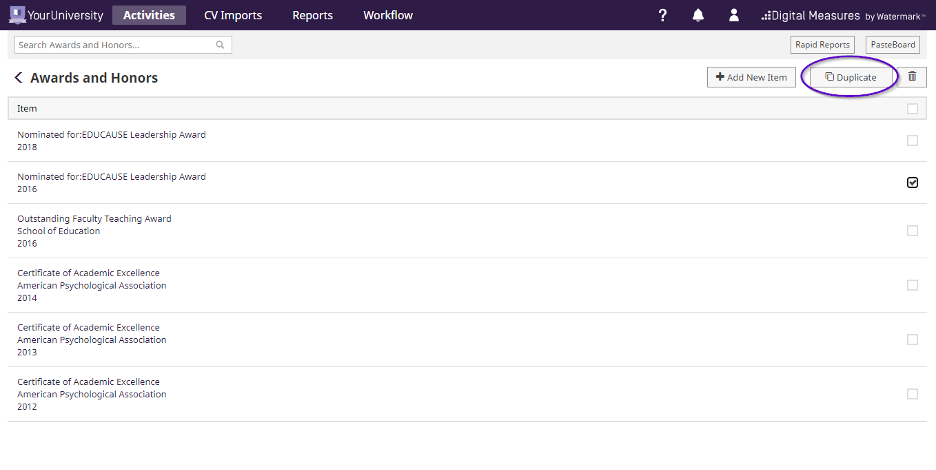 A screenshot displaying how to duplicate records in CV Imports