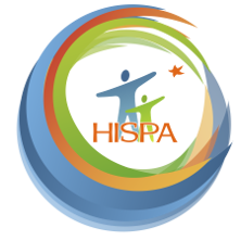 HISPA logo of cartoon people in the center of different colored swirls. 