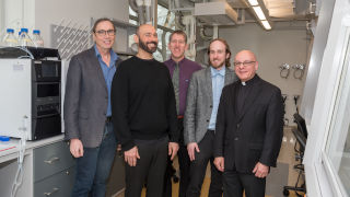LabCuttingKeltyx320 From left, Professors Stephen Kelty, Cosimo Antonacci, James Hanson, Gregory R. Wideman and Reverend Gerald Buonopane celebrate the arrival of the high-tech equipment.