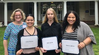  (l-r) Professor Mary Landriau with Yenny Masmela, Rachel Brooks, and Marissa Barbosa who will begin work at NJ DCP&amp;P after graduating from the BCWEP program this May.