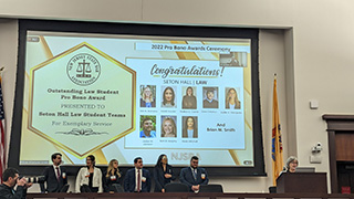 Photo of Seton Hall Law School Leadership Fellows receiving a New Jersey State Bar Association (NJSBA) award for their work in pro bono service.