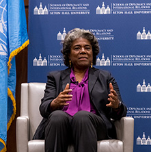 Photo of Linda Thomas-Greenfield, United States Ambassador to the United Nations, at the World Leaders Forum speaker series.