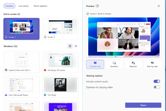 New microsoft teams control panel options for sharing content and screens.