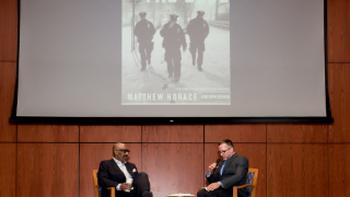 Headshot of Matthew Horace in a suit on a grey background. Matthew Horace took part in a special event at Seton Hall in 2020 which looked at the challenges facing law enforcement professionals.Book cover of three police officers walking through the snow at night. Horace and Professor Thomas Shea spoke about the challenges America's law enforcement members can face in carrying out their pledge to serve and protect.