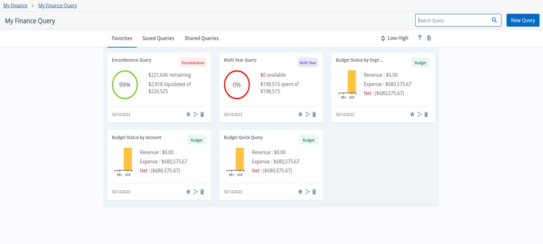 My Finance Query dashboard in Self-Service Banner 9