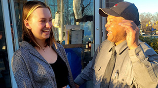 Officer Mo and Elyse Lanterman 320x180 KNOW MORE Peer Educator Elyse Lanterman, a senior majoring in psychology, speaks with Officer Mo.