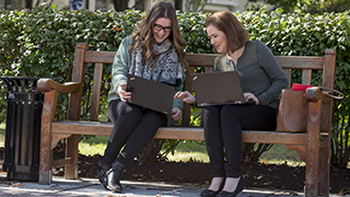 Graduate students sitting on a bench looking at a laptop