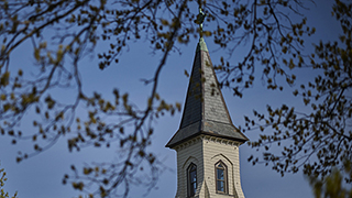 A photo of the steeple on Presidents Hall