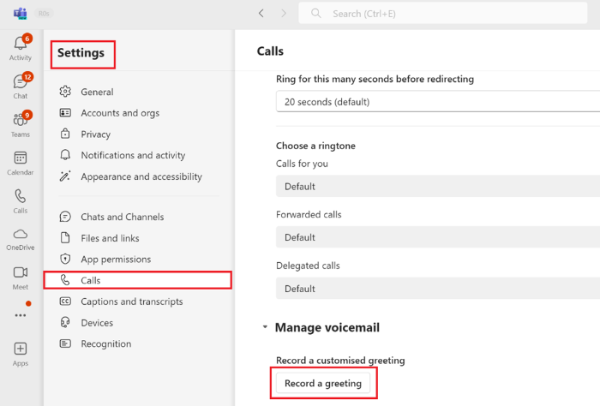 MS Teams calling settings displaying a red box around the record a greeting button.