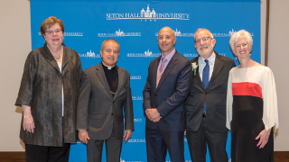 Evening of Roses 2019 Interim President Mary J. Meehan at the 2019 Evening of Roses with (L to R) featured speakers the Most Reverend Roberto Octavio González Nieves and Elisha Wiesel, along with honorees David M. Bossman and Deborah Lerner Duane.