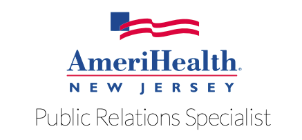 Amerihealth NJ logo of a rendition of the American flag, a blue square and two red ribbon lines, with the words &quot;AmeriHealth New Jersey Public Relations Specialist&quot; listed below. 