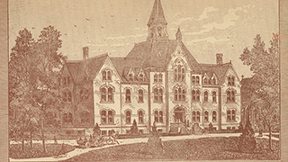 Seminary and Episcopal Residence, Seton Hall, c. 1863. One of the earliest buildings on the campus. Presidents' Hall now houses the university's main administrative offices. Source: Monsignor William Noe' Field Archives &amp; Special Collections Center, Se