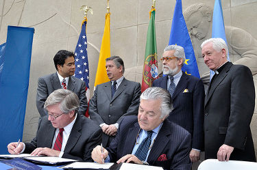 Signing Ceremony of the Protocol of Cooperation between the School of Diplomacy and International Relations and the Instituto Diplimatico of Portugal is celebrated with remarks by the President of the Instituto Diplomatico of Portugal, His Excellency Carlos Neves Ferreira and His Excellency Joao de Vallera.