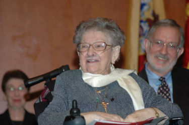 Sister Rose Thering, O.P, Ph.D., in a wheelchair.