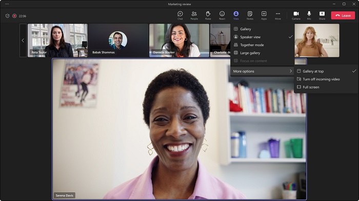 Microsoft Teams video conferencing interface displaying the Speaker View option.
