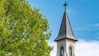 A photo of a building steeple at Seton Hall University