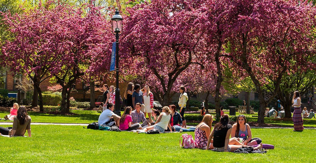 Image of students hanging out on the green in spring.