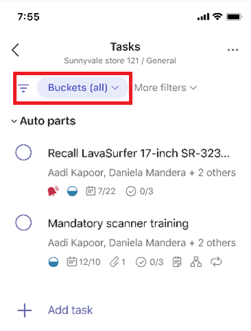 mobile view of the tasks by planner app in MS Teams.