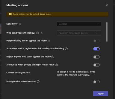 Meeting options display panel for new MS teams webinar settings.