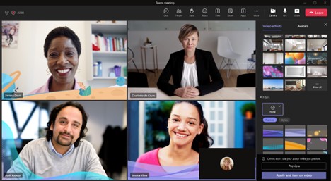 Image of the Breakout Room Management Panel in TeamsImage of the Delete Chat button in Microsoft Teams DesktopTeams Meeting with six participants and the unmute callout box.Team Meetings Quick Tray Window with Video Effects OptionsTeams video effects in-meeting video effects option panel.