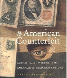 The book cover for The American Counterfeit, written by Dr. mary Balkun which includes an eye peering out from underneath a table where money and an envelope is placed. 