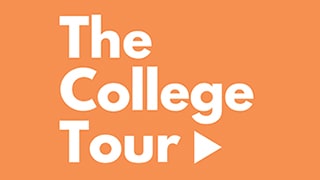 A videographer filming a student speaking on campus.The College Tour Logo