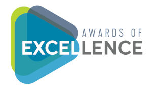 Awards of Excellence Logo showing blue, green, and gray triangles overlapping the word 