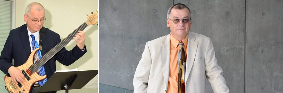 Dr. Gerald Babo Collage of 2 Photos: Playing Base and Faculty Portrait