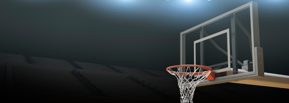 Basketball hoop in a stadium.