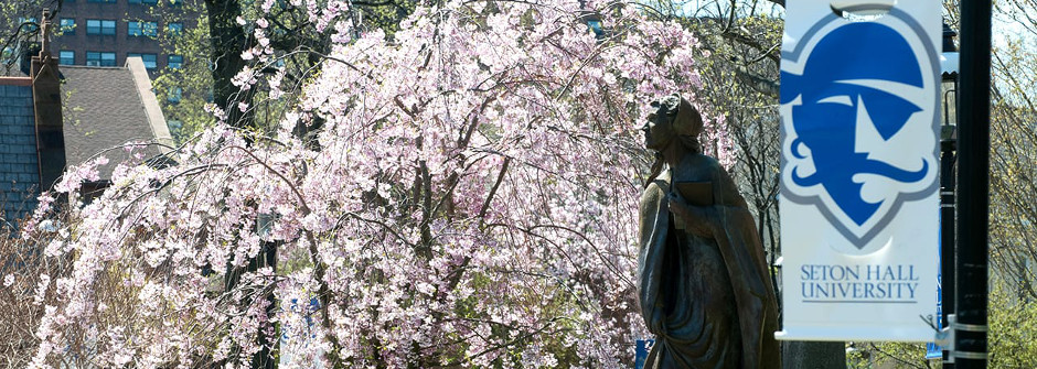 Campus shot of the Mother Seton Statue and a Seton Hall banner. 