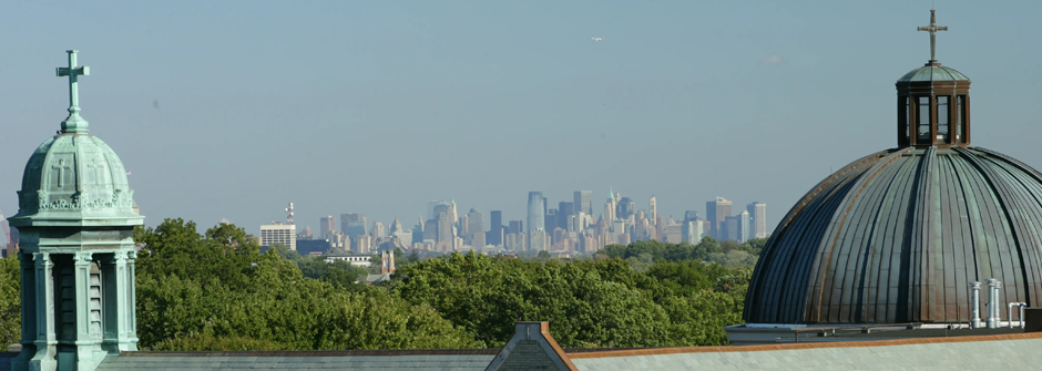 Image of two campus building roofs and the skyline 