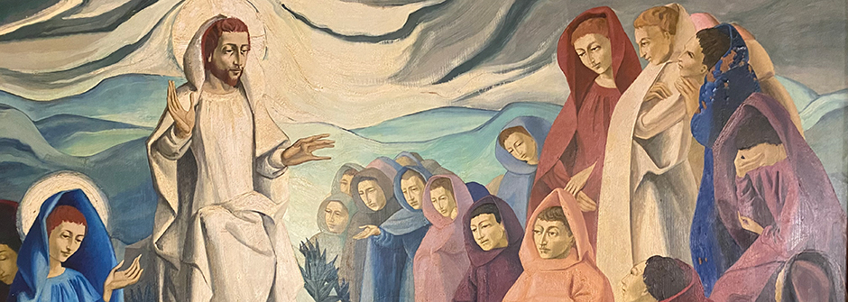 An image of painting of an undetermined saint giving a sermon with people around. 