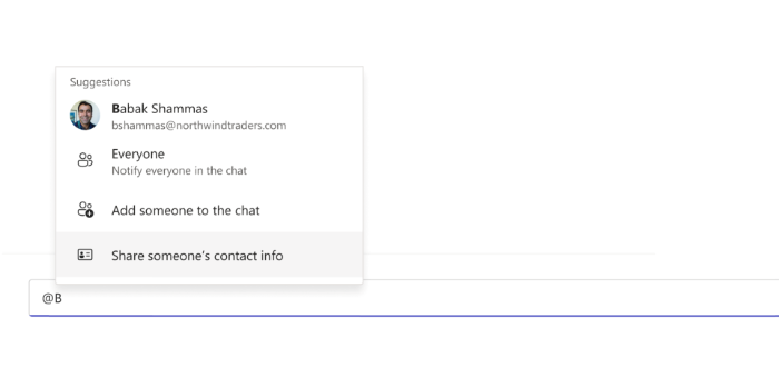 adding contact information in teams chat